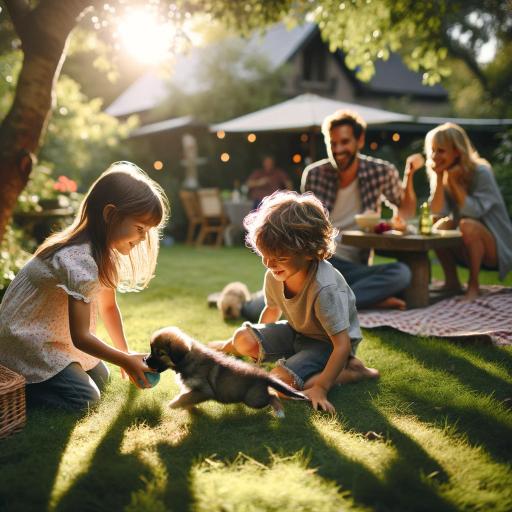 Young children playing with a puppy in a garden